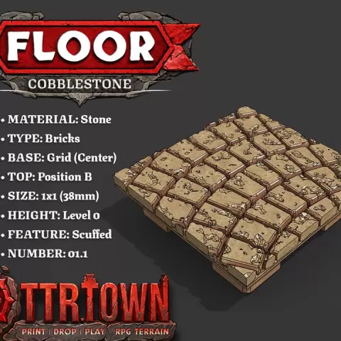 Floor - CobbleStone Fan - 1x1 - Base (GRID - CENTER) - Position B (TOP MIDDLE) - (SCUFFED) 1.1 - TTR Town Minis by TTR.Town