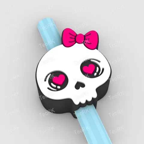 Straw Topper Skull Girl in Love Fits Standard & Stanley Straws | STL, 3MF pre-painted