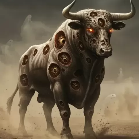 A large, pale bull with glowing red eyes stands on a dusty plain, its body covered in dark, hive-like holes.