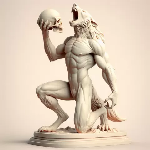 2026 Ivory Werewolf Howling with Skull - 3D Model, magic, dragon, serpent, mask, gnome, gorgon, venetian carnival, wild, fox, monster, cat, fair, witch, werewolf, horror, beast, snake, troll, skeleton dance