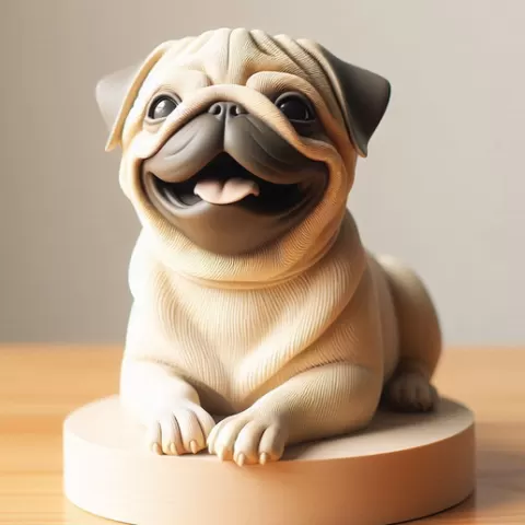 1956 Laughing Pug - Ivory-Style 3D-Printed Statue, pug, dachshund, poodle, cat, dog, monkey, zebra, animal, armadillo, lion, fox, faun, pomeranian, troll, platypus, majestic, sculpture, fantasy, crocodile