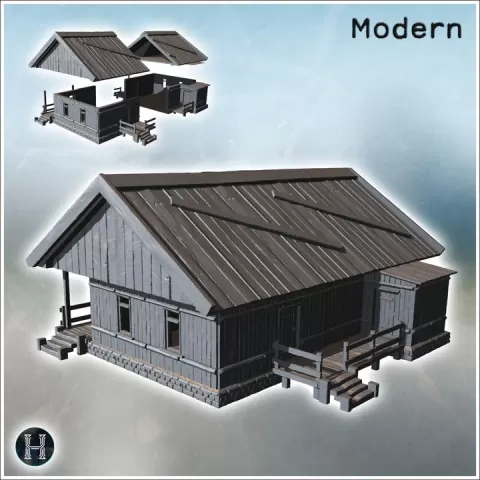 Traditional wooden house with a raised porch and steps leading to the entrance (8) - Modern WW2 WW1 World War Diaroma Wargaming RPG Mini Hobby by Hartolia Miniatures