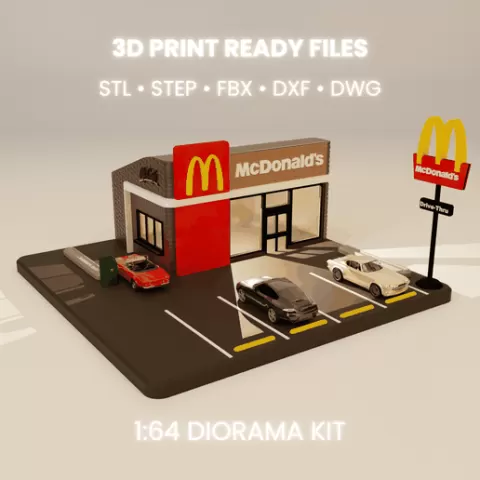 1/64 Scale Fast Food Diorama Garage – Printable Retro Drive-Thru Building for Diecast Cars