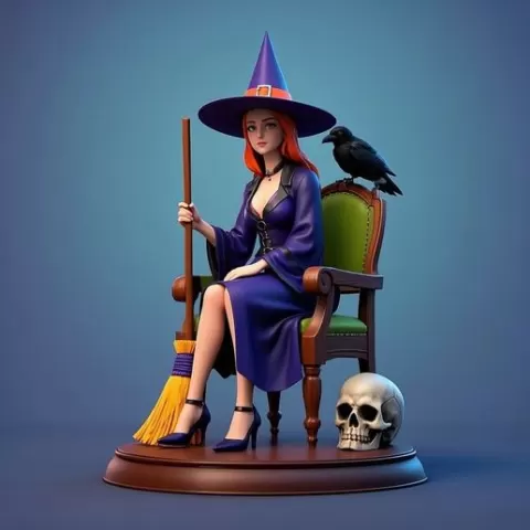 1527 Elegant Witch with Broom, Raven and Skull - Colorful Full-Body Figurine, magic, creature, fantasy, wood, gnome, gorgon, warrior, wild, fox, monster, cat, dog, fair, witch, werewolf, horror, beast, gothic, troll