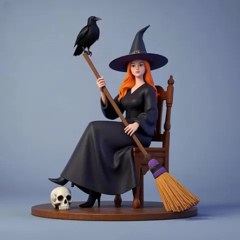 1526 Elegant Witch with Broom, Raven and Skull - Colorful Full-Body Figurine, magic, creature, fantasy, wood, gnome, gorgon, warrior, wild, fox, monster, cat, dog, fair, witch, werewolf, horror, beast, gothic, troll