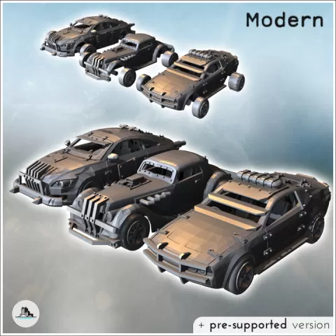 Set of three post-apocalyptic cars with bumper and improvised armor on the body (8) - Future Sci-Fi SF Post apocalyptic Tabletop Scifi 28mm 15mm 20mm Modern by Hartolia Miniatures