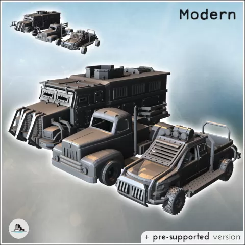 Set of three post-apocalyptic vehicles with improvised armored truck and pickup (7) - Future Sci-Fi SF Post apocalyptic Tabletop Scifi 28mm 15mm 20mm Modern by Hartolia Miniatures