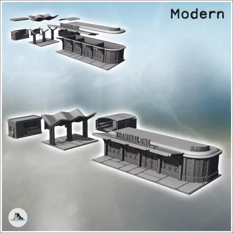 Set for modern bus station with passenger terminal, bus stop awning, and vehicle garage (27) - Modern WW2 WW1 World War Diaroma Wargaming RPG Mini Hobby by Hartolia Miniatures