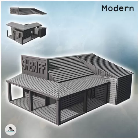 Sheriff building with multi-pitched roof, awning on a wooden platform, and sign (26) - Modern WW2 WW1 World War Diaroma Wargaming RPG Mini Hobby by Hartolia Miniatures