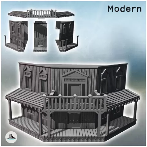 Western corner building with terrace and covered awning on a wooden platform (23) - Modern Old West Cow boy USA America ACW Civil War Diaroma Wargaming RPG Mini Hobby by Hartolia Miniatures