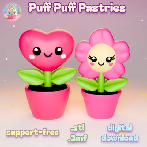 Kawaii Heart and Flower Plant in Pot - Support-Free .STL .3MF by Puff Puff Pastries