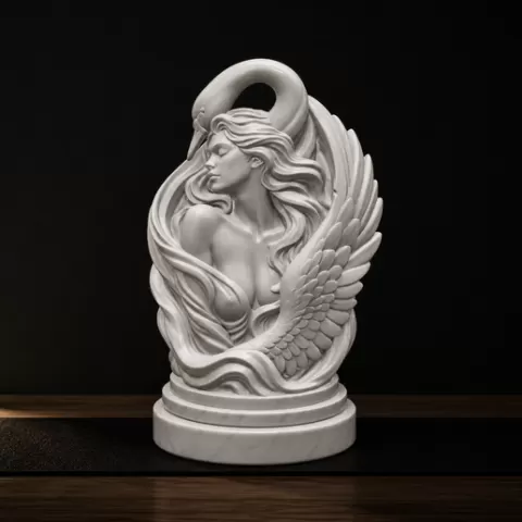 Swan Goddess Marble Bust Sculpture – Elegant Woman with Wing Statue for 3D Printing, Fantasy Home Decor, Resin Art