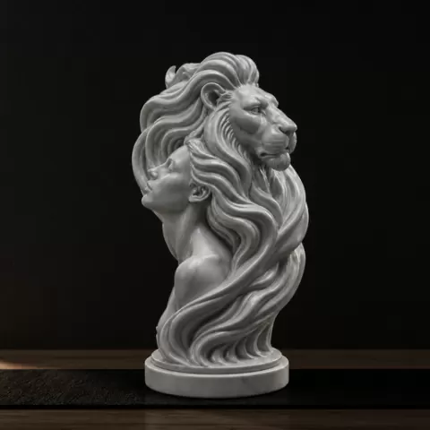 Lion Goddess Marble Bust Sculpture – Mythological Woman and Lion Statue for 3D Printing, Home Decor, Resin Art
