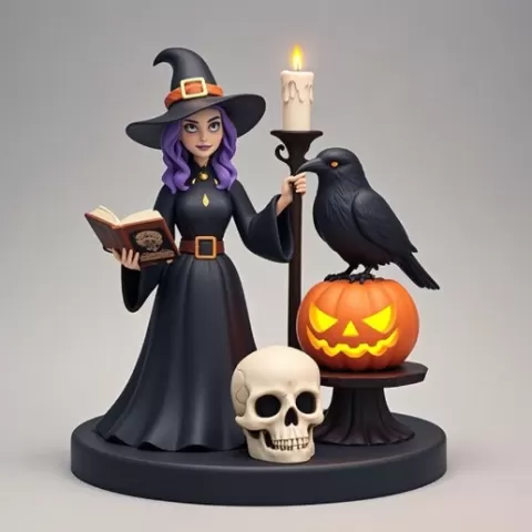 533 Witch with Skull, Raven and Pumpkin – Color 3D Model on Pedestal, Halloween, cat, bat, monster, troll, fox, minimalist, miniature, figurine, collectible, fantasy, decorative, Halloween, serpent, STL, DND