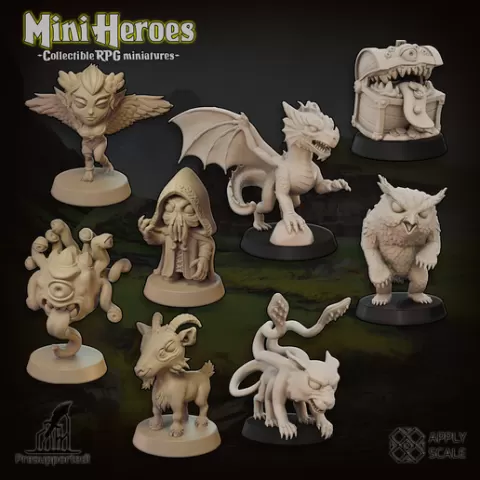 Mini Heroes - Collectible RPG Miniatures (Set 1 Monster Bundle: Dragon, Goat, Harpy, Mimic, Mindflayer, Beholder, Owlbear, Displacer beast)