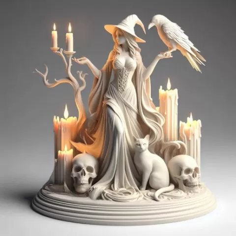 332 Elegant Witch with Candles, Raven, Cat and Skull - Full-Body Figurine, witch, werewolf, character, cat, magic, monster, troll, stl, snake, fox, minimalist, miniature, figurine, collectible, fantasy, gorgon
