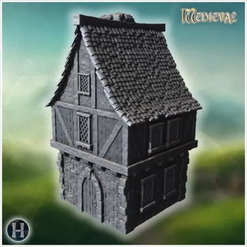 Tall medieval house with stone foundation, timber-framed upper floors, steep tiled roof and small windows (17) - Medieval Gothic Feudal Old Archaic Saga 28mm 15mm RPG