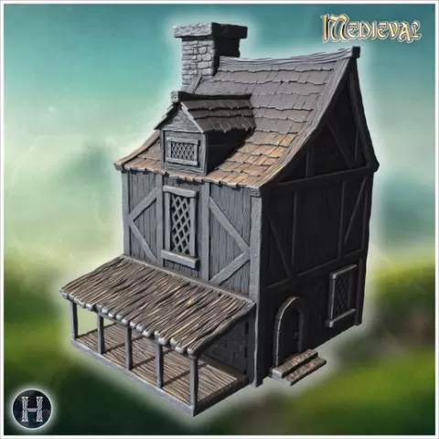 Timber-framed house with wooden porch, arched door, shingled roof and decorative wooden panels (16) - Medieval Gothic Feudal Old Archaic Saga 28mm 15mm RPG
