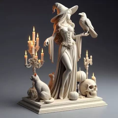 331 Elegant Witch with Candles, Raven, and Cat - Full-Body Figurine, Halloween, faun, cat, fox, spider, troll, gnome, gorgon, bat, monster, wizard, witch, werewolf, horror, beast, skeleton, skull, serpent, STL