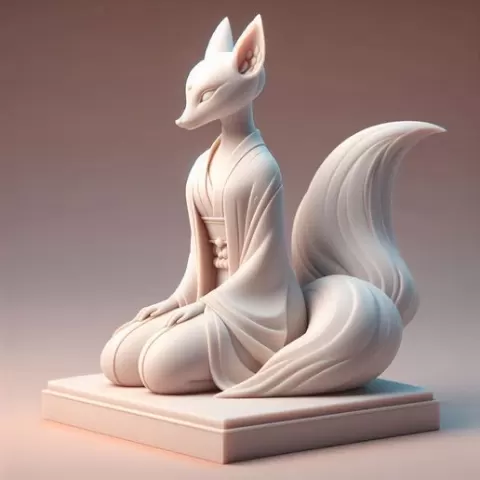 264 Fox Spirit in Pu Song Ling Style, character, monster, fantasy, art, sculpture, model, animal, 3d model, statue, creature, low poly, 3d print, collectible, cat, wood, dragon, sword, base, warrior, wild, dog