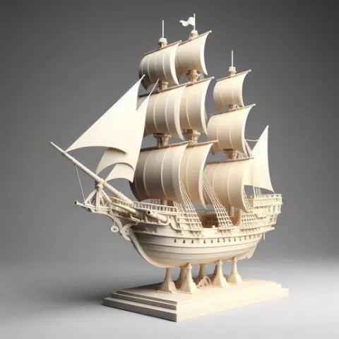 190 Pirate Sailing Ship with Cannons - Ivory-Style Minimalist Model, character, monster, fantasy, art, sculpture, model, animal, 3d model, statue, creature, magic, 3d print, collectible, cat, wood, dragon, sword, base, warrior, wild, dog