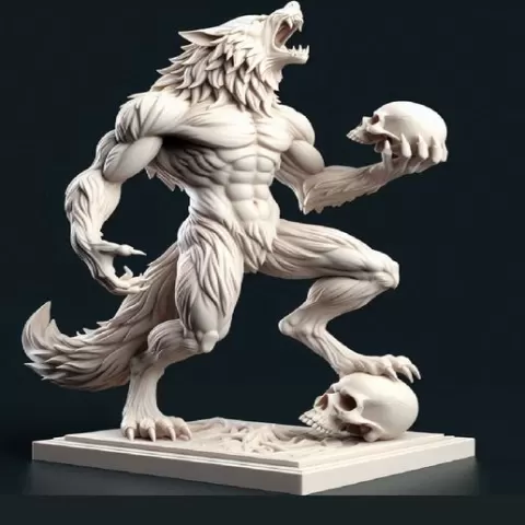 113 Ivory Werewolf Howling with Skull - Minimalist Statue, magic, dragon, serpent, mask, gnome, gorgon, venetian carnival, wild, fox, monster, cat, fair, witch, werewolf, horror, beast, snake, troll, skeleton dance