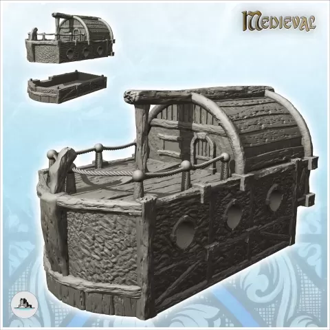 Boat-shaped building with wooden walls and rope balcony (5) - Hartolia Miniatures