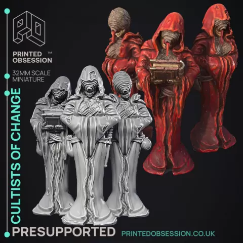 Cultists of change - 3 Models - Cryptid of the Darkwood - PRESUPPORTED - Illustrated and Stats - 32mm scale by Printed Obsession