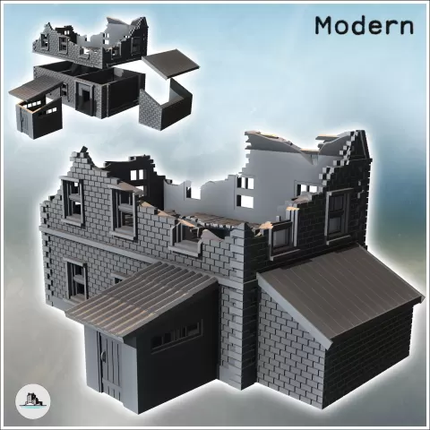 Brick building with two annexes and mansard roof (ruined ver - Hartolia Miniatures