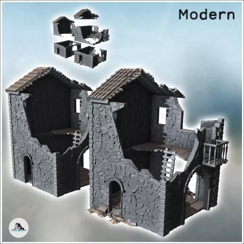 Set of two ruined houses with floors, access ladder, and bal - Hartolia Miniatures