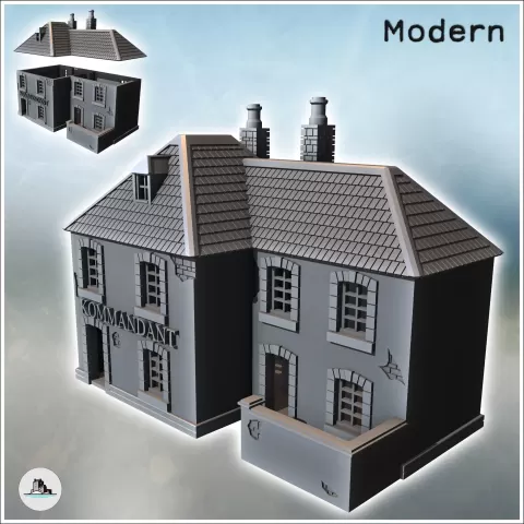 Commander's house with damaged walls, slate roof, and two ch - Hartolia Miniatures