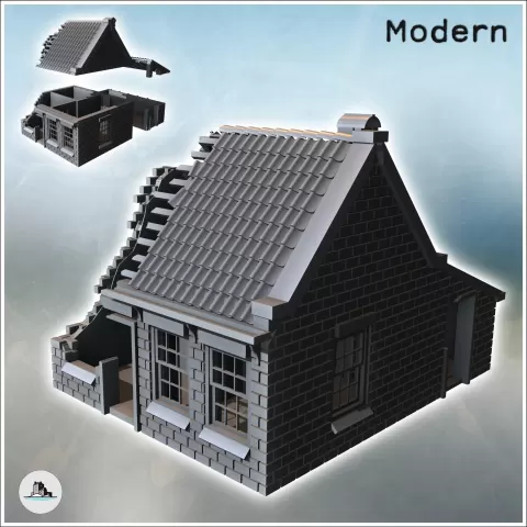 Single-story house with brick walls, tiled roof, and rear an - Hartolia Miniatures