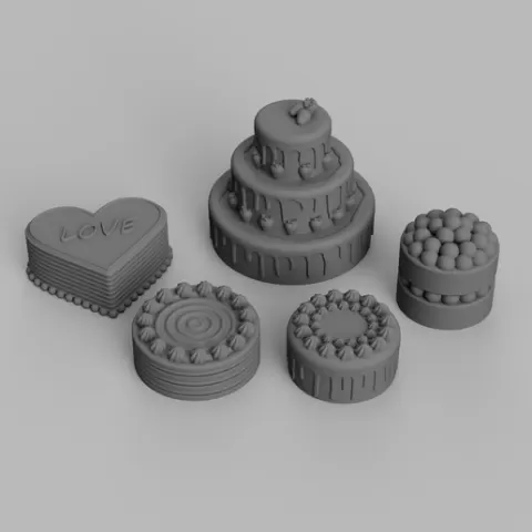 1/12 Scale Miniature Cake STL Set (5 piece) for Dollhouses and Miniature Projects (commercial license)