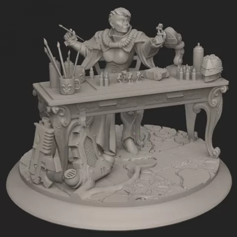 Presupported Battle nun painting a miniature of a space knight by RageousCreations.