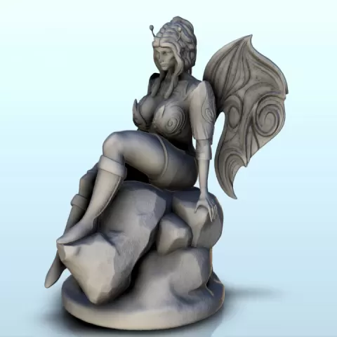 Double winged fairy on rock with antennas and long hair (censored version) (5) - miniatures erotica woman figure by Hartolia Miniatures