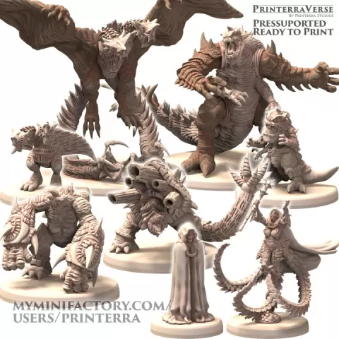 009 Space Flying and Terestial Kaiju with baby kaiju and Kaiju Cultist mage by Printerra Studios