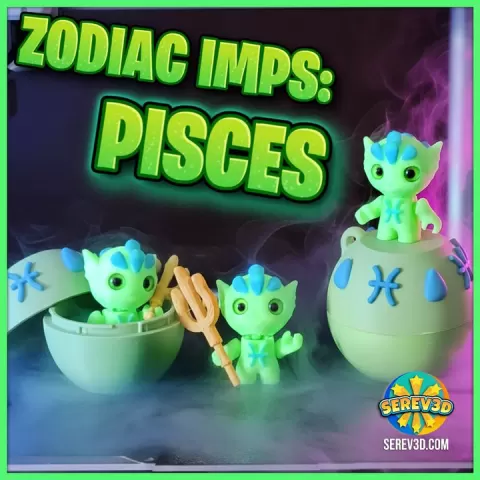 Pisces Flexi Imp - Zodiac Imp Collection Part 3 - Keychain & Straw Buddy, No Supports 3D Print STL/3MF by SEREV3d