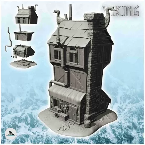 Viking house with large chimney and exterior pipes with wood - Hartolia Miniatures