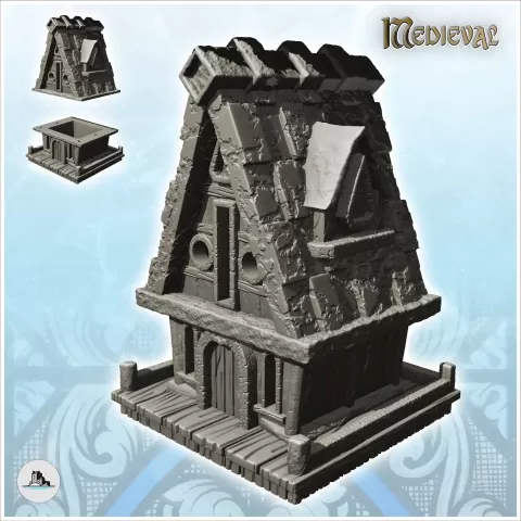 Medieval house with high roof on wooden platform (6) - minia - Hartolia Miniatures