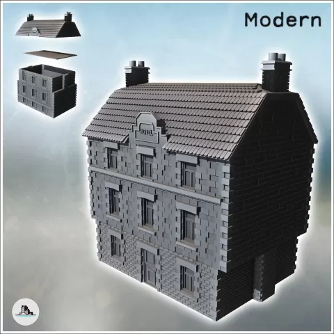 Modern two-story hotel with tiled roof and cut stone and bri - Hartolia Miniatures