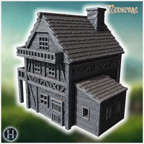 Half-timbered medieval house with a large balcony, stone foundation, and wooden railings (26) - Medieval Gothic Feudal Old Archaic Saga 28mm 15mm RPG