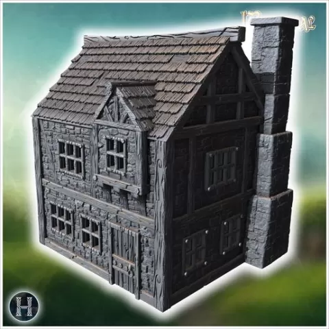 Two-story medieval house with wooden beams, stone walls, and a large chimney on the side (25) - Medieval Gothic Feudal Old Archaic Saga 28mm 15mm RPG