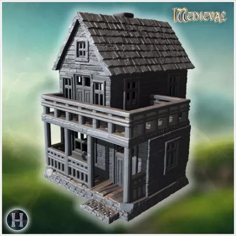 Tall two-story wooden house with extended balcony and large slanted roof (66) - Medieval Gothic Feudal Old Archaic Saga 28mm 15mm RPG