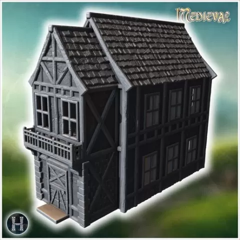 Timber-framed house with a wooden balcony, decorative beams, and a steep tiled roof (49) - Medieval Gothic Feudal Old Archaic Saga 28mm 15mm RPG