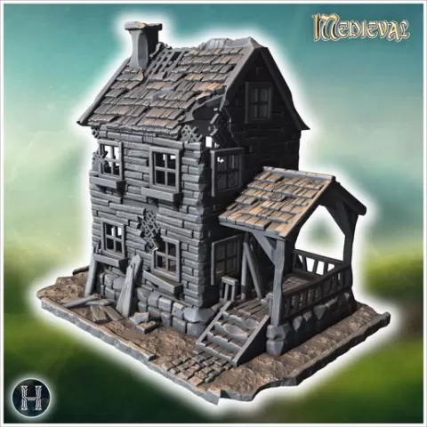 Two-story wooden house with a damaged porch, broken windows, and a partially collapsed roof (29) - Medieval Gothic Feudal Old Archaic Saga 28mm 15mm RPG