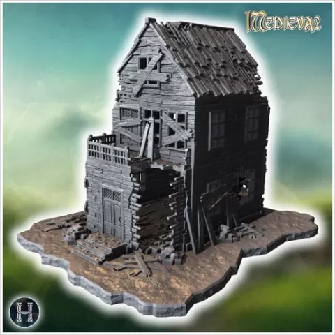 Ruined wooden building with a damaged upper floor, broken porch, and debris surrounding the structure (24) - Medieval Gothic Feudal Old Archaic Saga 28mm 15mm RPG