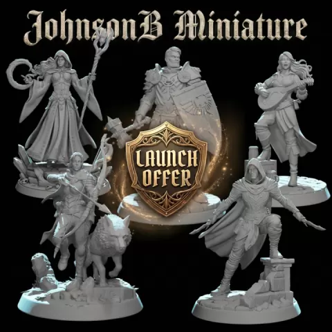 Launch Offer !!! Heroic Fantasy Adventurers Party STL Bundle– Rogue, Mage, Paladin, Bard, Ranger | 32mm Scale | Unique Scenic Bases by Florian Bodenon