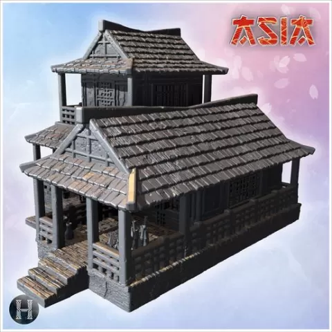 Two-story wooden house with large porch, tiled roof, and decorative bamboo clusters (9) - Asian Asia Oriental Angkor Ninja Traditionnal RPG Mini