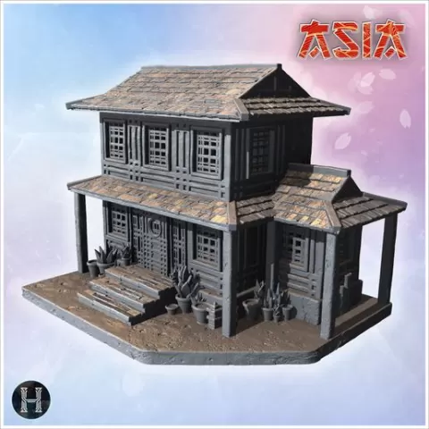 Modular house with removable roof, intricate lattice windows, and surrounding decorative plants (8) - Asian Asia Oriental Angkor Ninja Traditionnal RPG Mini