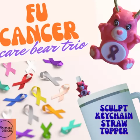 FU Cancer Care Bear Trio- sculpt, keychain, and straw topper by Jambaby Designs